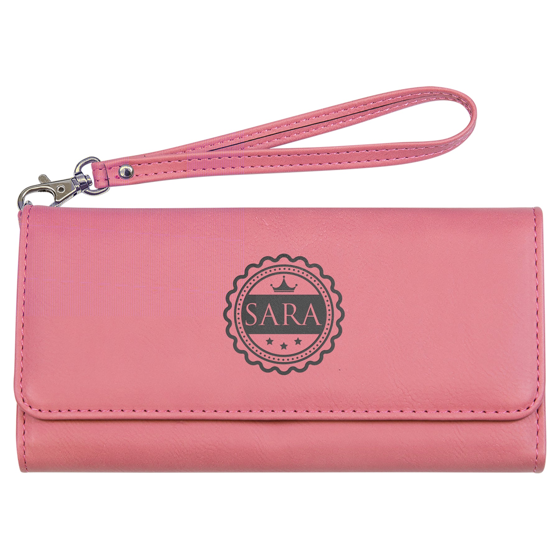 Personalized Pink Leatherette Wallet For Women - Large Capacity Wristlet With RFID Protection & Detachable Strap