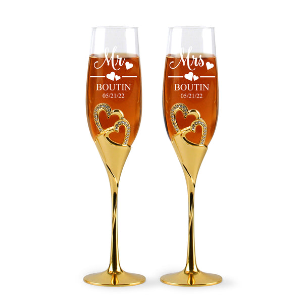 Unique Design Champagne Flutes For Bride and Groom, Customized Heart Decoration Champagne Flutes, Toasting Cups Sets For Couples, Champagne Flutes
