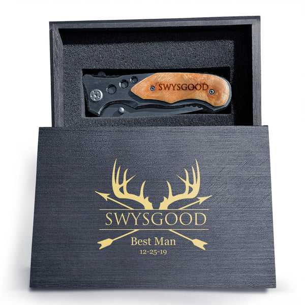 Engraved Knife With Wooden Box