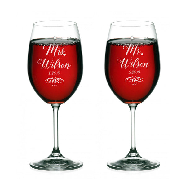Mr and Mrs Wedding Wine Glasses Set of 2, Laser engraved Tosting Flutes Engraved Personalized Glasses for Bride and Groom