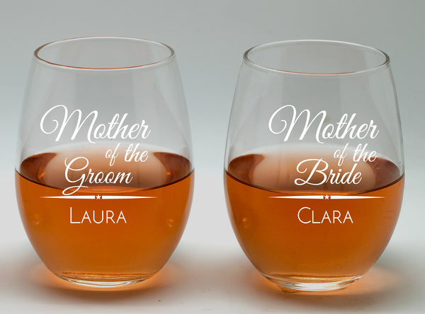 Mother of Groom and Bride wine glasses set,20oz Etched Stemless Wine Glasses for Couples, Perfect Engagement gift,Bridal shower gift, Wedding party, achelorette Party,Anniversary gift