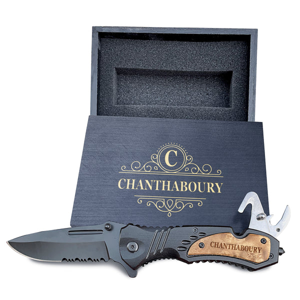 Laser Engraved Pocket Knife with keepsake wooden box For Men, Personalized Stainless steel Blade Pocket Knife, Folding Pocket Knife For Men, Camping Pocket Knife